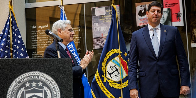 US Attorney General Merrick Garland swears in Steven Dettelbach as the second person to be confirmed by Congress as the Director of The Bureau of Alcohol, Tobacco, Firearms, and Explosives (ATF) at the ATF headquarters on July 19, 2022, in Washington, DC.