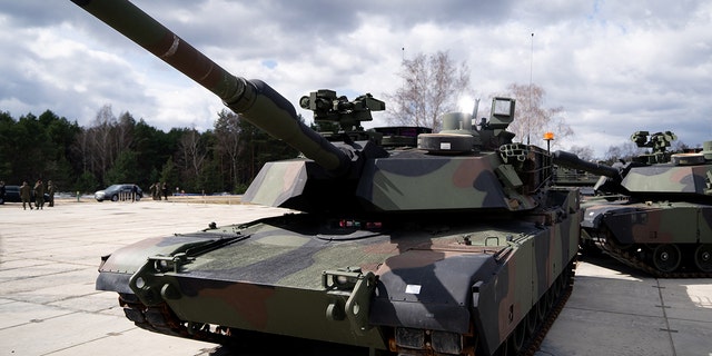 American Abrams tanks presented during the ceremony of signing the contract for the purchase of 250 Abrams tanks for the Polish Army in the 1st Warsaw Armored Brigade in Wesola near Warsaw, Poland on April 5, 2022.