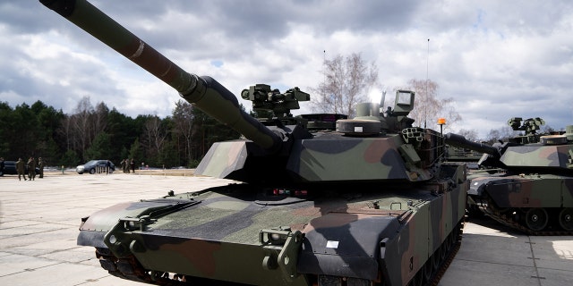 American Abrams tanks presented during the ceremony of signing the contract for the purchase of 250 Abrams tanks for the Polish Army in the 1st Warsaw Armored Brigade in Wesola near Warsaw, Poland on April 5, 2022.