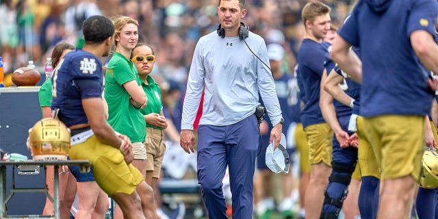 Battling Irish offensive coordinator Tommy Rees during the Blue-Gold spring football game on April 23, 2022, at Notre Dame Stadium in South Bend, Indiana.