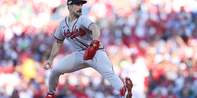 Spencer Strider, #65 of the Atlanta Braves, throws in the first inning during the game between the Atlanta Braves and the Philadelphia Phillies at Citizens Bank Park on Friday, Oct. 14, 2022, in Philadelphia.