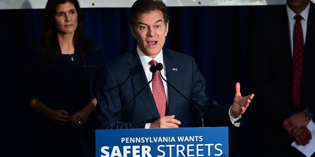 Republican Pennsylvania Senate nominee Dr. Mehmet Oz speaks at an event with Nikki Haley on October 26, 2022 in Harrisburg, Pennsylvania.