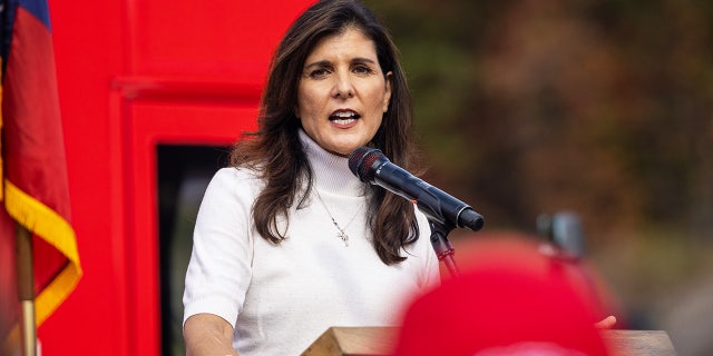 Former UN Ambassador Nikki Haley speaks at a rally for Georgia Senate candidate Herschel Walker in Hiram, Georgia on Nov. 6, 2022.