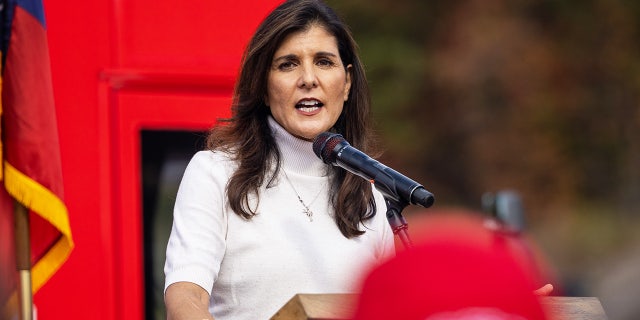 Former UN Ambassador Nikki Haley speaks at a rally for Georgia Senate candidate Herschel Walker in Hiram, Georgia on November 6th, 2022.