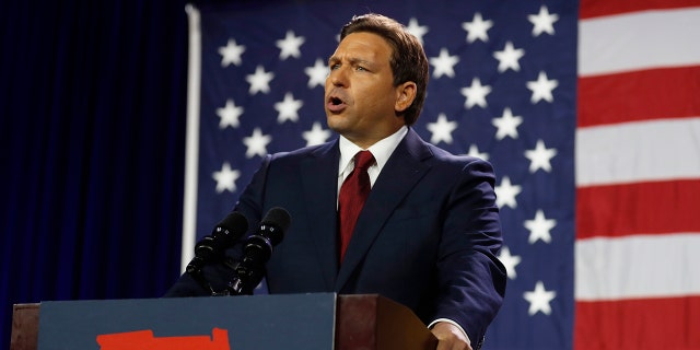 Florida Gov. Ron DeSantis gives a victory speech after defeating Democratic gubernatorial candidate Rep. Charlie Crist on November 8, 2022 in Tampa, Florida.