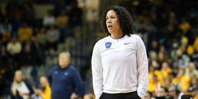 Duke Blue Devils head coach Kara Lawson watches the action on the court during a regular season non-conference women's college basketball game between the Duke Blue Devils and the Toledo Rockets on November 20, 2022 in the Savage Arena in Toledo, Ohio.  
