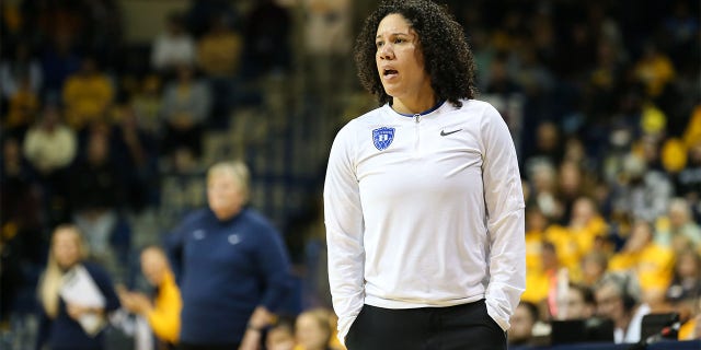 Duke Blue Devils head coach Kara Lawson watches the action on the court during a regular season non-conference women's college basketball game between the Duke Blue Devils and the Toledo Rockets on November 20, 2022 in the Savage Arena in Toledo, Ohio.  