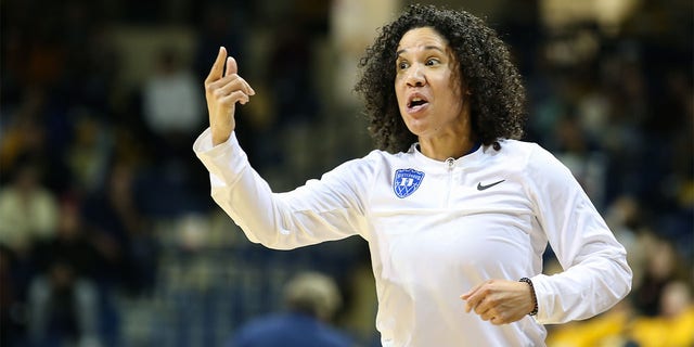 Duke Blue Devils head coach Kara Lawson reacts to a call from officials during a regular season non-conference women's college basketball game between the Duke Blue Devils and the Toledo Rockets on November 20, 2022. at the Savage Arena in Toledo, Ohio.  