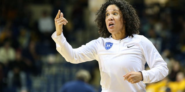 Duke Blue Devils head coach Kara Lawson reacts to a call from officials during a regular season non-conference women's college basketball game between the Duke Blue Devils and the Toledo Rockets on November 20, 2022. at the Savage Arena in Toledo, Ohio.  