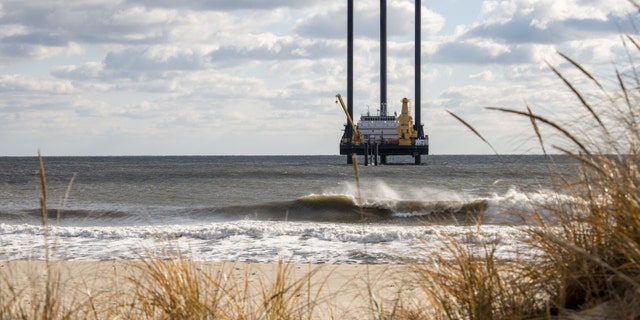 A beach lift ship near Wainscott, New York, USA, Thursday, December 1, 2022. The ship's drill will be used in the construction of the South Fork Wind Farm which will drill tunnels to bring electricity from the offshore wind farm.  which should start generating power by the end of 2023. Photographer: Johnny Milano/Bloomberg via Getty Images