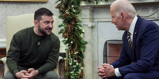U.S. President Joe Biden meets with President of Ukraine Volodymyr Zelensky in the Oval Office of the White House on December 21, 2022 in Washington, DC. 