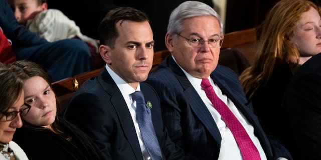Rep.-elect Robert Menendez Jr., D-N.J., and his father Sen. Bob Menendez, D-N.J., on the House floor of the U.S. Capitol, on Tuesday, January 3, 2023.