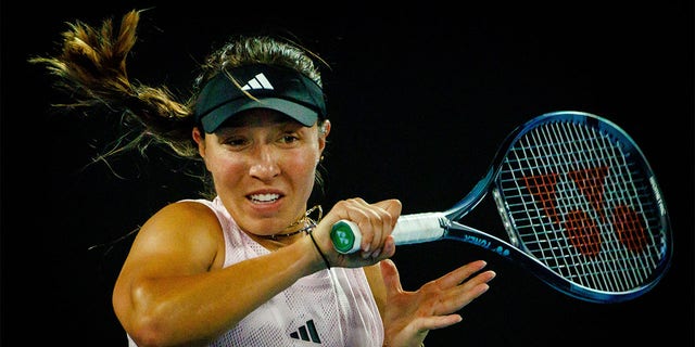 Jessica Pegula in action at a Women's Singles Quarterfinals game against Belarusian Victoria Azarenka at the Australian Open tennis Grand Slam, Tuesday Jan. 24 2023 in Melbourne Park, Melbourne, Australia. 