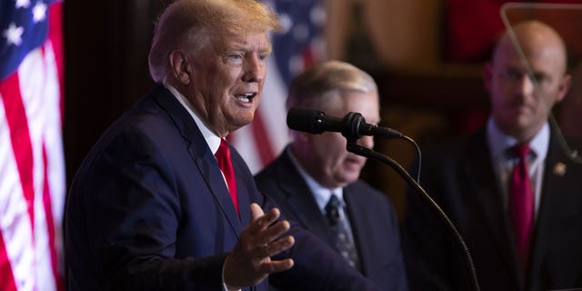 Former President Trump speaks during a campaign event at the South Carolina State House in Columbia, S.C., Jan. 28, 2023.