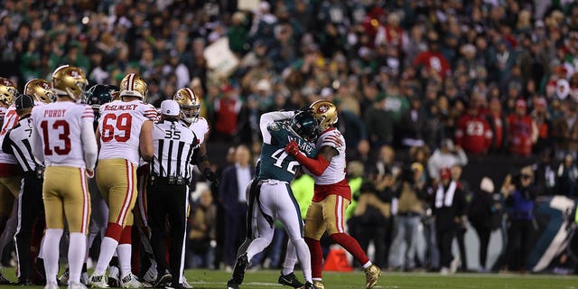 Eagles K'Von Wallace in action against the San Francisco 49ers at Lincoln Financial Field in Philadelphia on Jan. 29, 2023.