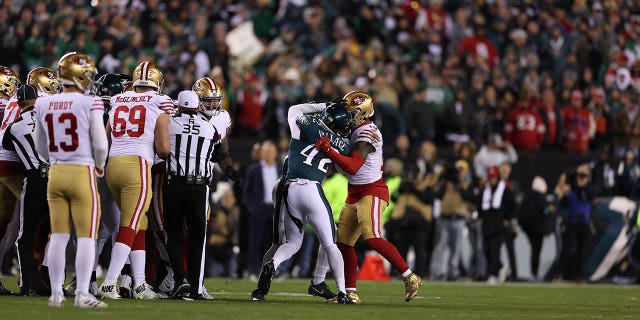 Eagles K'Von Wallace in action against the San Francisco 49ers at Lincoln Financial Field in Philadelphia on Jan. 29, 2023.