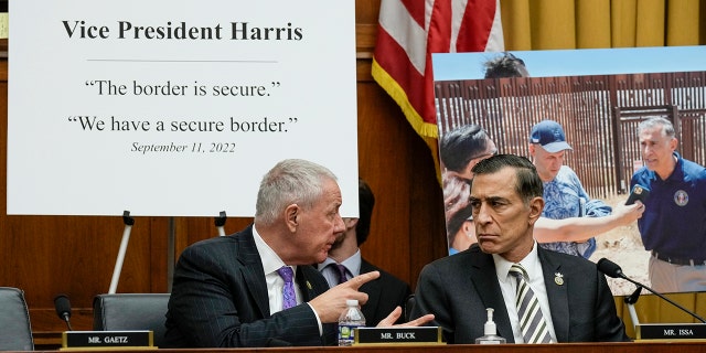 U.S. Rep. Ken Buck, R-CO, left, confers with U.S. Rep. Darrell Issa, R-CA, during a hearing on U.S. southern border security on Capitol Hill, February 01, 2023, in Washington, DC. 