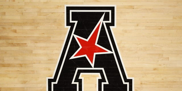 An American Athletic Conference logo during a game between the Tulsa Golden Hurricane and the Cincinnati Bearcats on February 1, 2023, at Fifth Third Arena in Cincinnati. 
