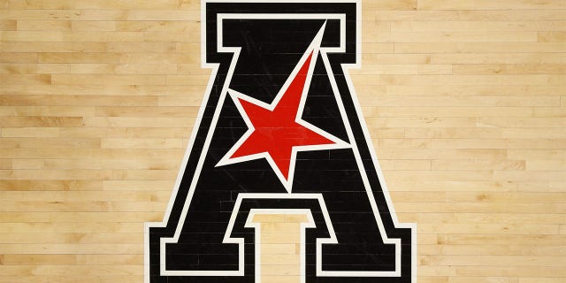 An American Athletic Conference logo during a game between the Tulsa Golden Hurricane and the Cincinnati Bearcats Feb. 1, 2023, at Fifth Third Arena in Cincinnati.