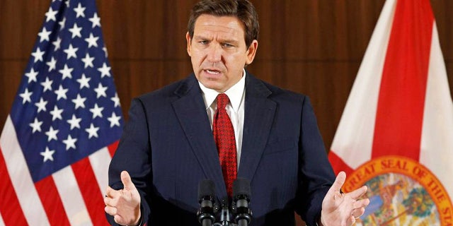 Florida Gov. Ron DeSantis speaks during a press conference proposing anti-crime legislation at the Police Benevolent Association in Miami on Thursday, Jan. 26, 2023.