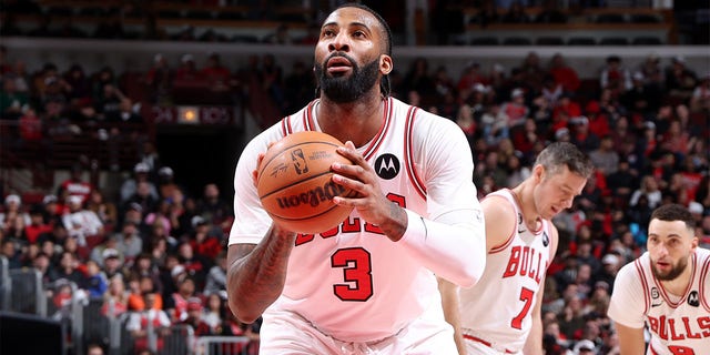 Andre Drummond, number 3 of the Chicago Bulls, prepares to shoot a free throw during the game against the Charlotte Hornets on February 2, 2023 at the United Center in Chicago, Illinois. 