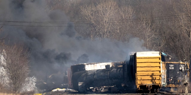 Smoke rises from a derailed cargo train in East Palestine, Ohio, on February 4, 2023. 