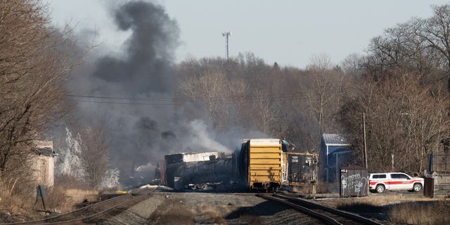 Smoke rises from a derailed cargo train in East Palestine, Ohio, on February 4, 2023. Federal regulators are urging railroad companies to re-examine their trains assembly practices amid recent concerns over comparatively frequent derailment reports nationwide.