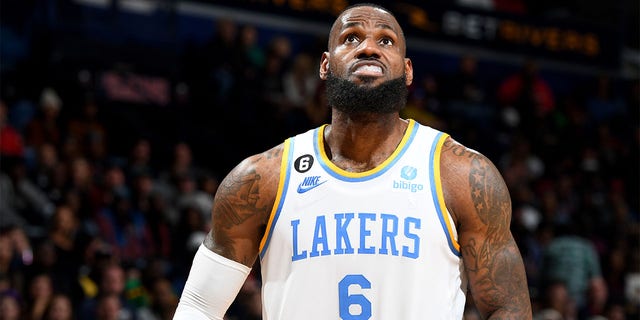 LeBron James of the Los Angeles Lakers during a game against the New Orleans Pelicans on February 4, 2023 at the Smoothie King Center in New Orleans. 