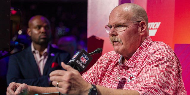 Kansas City Chiefs head coach Andy Reid speaks to the media during opening night of the Super Bowl on Monday, February 6, 2023, at the Footprint Center in Phoenix.