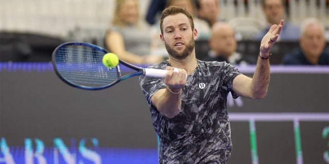 Jack Sock hits a forehand during the Dallas Open on Feb. 6, 2023, at the Styslinger/Altec Tennis Complex in Dallas, Texas.