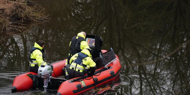Workers from a private underwater search and recovery company, Specialist Group International, including CEO Peter Faulding (top right) in St Michael's on Wyre, Lancashire, use sonar to search for missing woman Nicola Bulley, 45, who was last seen on the morning of Friday January 27, when she was spotted walking her dog on a footpath by the nearby River Wyre. Picture date: Tuesday February 7, 2023.