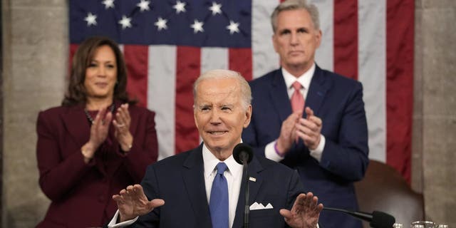 President Biden speaks during a State of the Union address with Vice President Kamala Harris, left, and House Speaker Kevin McCarthy, a Republican from California, right, at the US Capitol in Washington, D.C., on Tuesday, Feb. 7, 2023.