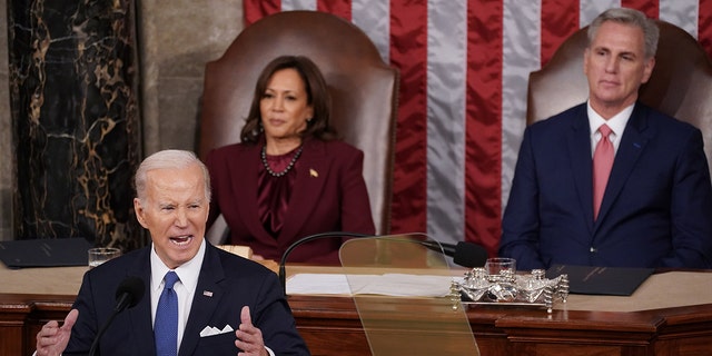 President Biden speaks during a State of the Union address at the U.S. Capitol in Washington, D.C., Tuesday, Feb. 7, 2023. Biden accused Republicans of wanting to sunset Social Security and Medicare and vowed to veto any such proposal. 