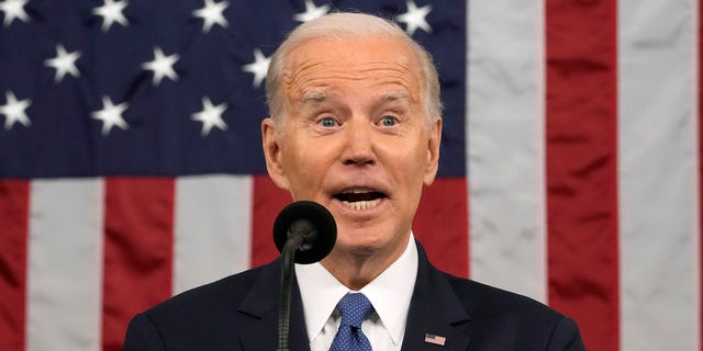 US President Joe Biden speaks during a State of the Union address at the US Capitol on Tuesday, Feb. 7, 2023.