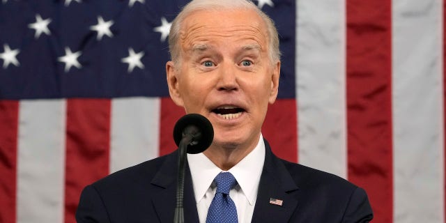 US President Joe Biden speaks during a State of the Union address at the US Capitol on Tuesday, Feb. 7, 2023.