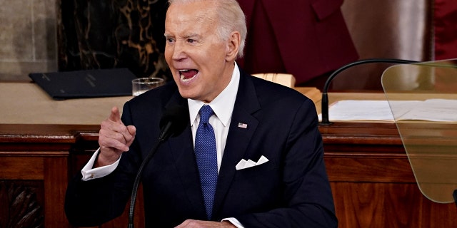 President Biden speaks during a State of the Union address at the US Capitol in Washington, DC, US, on Tuesday, Feb. 7, 2023. 