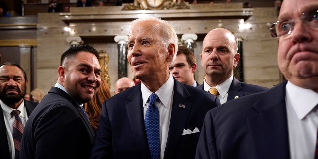 US President Joe Biden exits after delivering the State of the Union address at the US Capitol in Washington, DC,