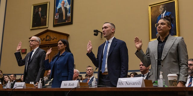James Baker, former deputy general counsel at Twitter Inc., from left, Vijaya Gadde, former chief legal officer of Twitter Inc., Yoel Roth, former global head of trust and safety at Twitter Inc., and Anika Collier Navaroli, former employee at Twitter Inc., are sworn in during a House Oversight and Accountability Committee hearing in Washington, DC, US, on Wednesday, Feb. 8, 2023. House Republicans plan to grill former Twitter executives over their alleged cooperation with the FBI to squelch the story of Hunter Biden's laptop, the opening salvo in their probe into the Biden family finances. 