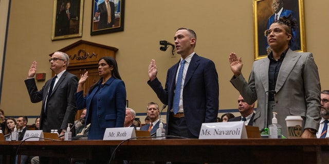 From left, James Baker, former deputy general counsel at Twitter Inc.; Vijaya Gadde, former chief legal officer of Twitter Inc.; Yoel Roth, former global head of trust and safety at Twitter Inc.; and Anika Collier Navaroli, former employee at Twitter Inc., are sworn in during a House Oversight and Accountability Committee hearing in Washington, D.C., on Wednesday.