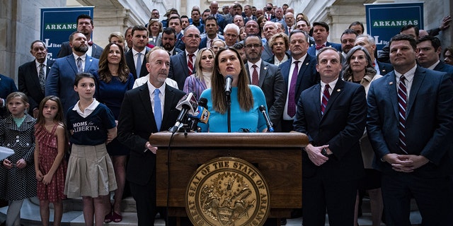 Gov. Sarah Huckabee Sanders unveiled the education bill at the Arkansas State Capitol in Little Rock on February 8, 2023.