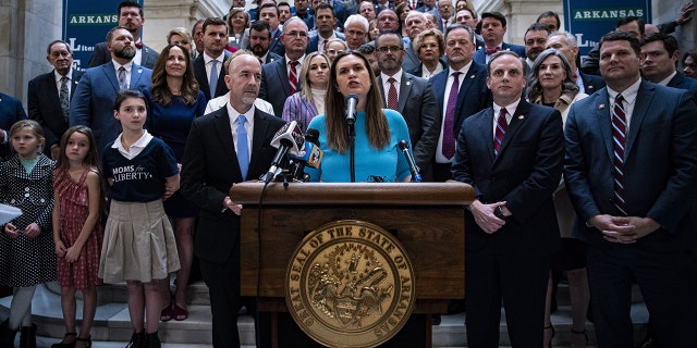 Arkansas Gov. Sarah Huckabee Sanders speaks while unveiling the Arkansas LEARNS education bill.