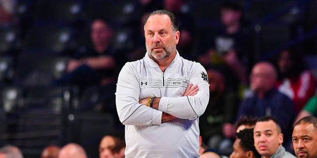 Notre Dame head coach Mike Brey looks on during the college basketball game between the Notre Dame Fighting Irish and the Georgia Tech Yellow Jackets on February 8, 2023 at Hank McCamish Pavilion in Atlanta, GA.  