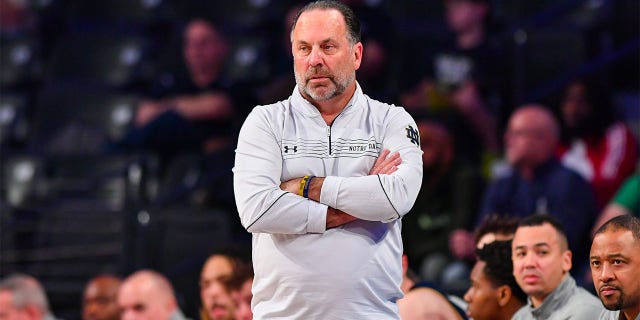 Notre Dame head coach Mike Brey looks on during the college basketball game between the Notre Dame Fighting Irish and the Georgia Tech Yellow Jackets on February 8th, 2023 at Hank McCamish Pavilion in Atlanta, GA.  