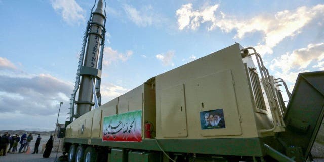 An Iranian long-range Ghadr missile displaying "Down with Israel" in Hebrew is pictured at a defence exhibition in city of Isfahan, central Iran, on February 8, 2023. 