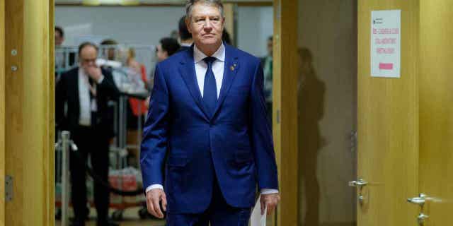 Romanian President Klaus Werner Iohannis arrives for a European Union leaders' summit on February 9, 2023, in Brussels, Belgium. Iohannis was visited by Moldova's president on Thursday.