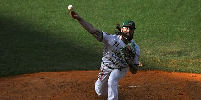 Mexico's Caneros de Los Mochis pitcher Matt Pobereyko throws the ball during their Caribbean Series semifinal game against the Dominican Republic's Tigres de Licey at the Forum La Guaira stadium on Feb. 9, 2023.