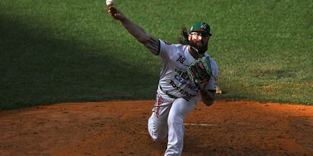 Mexico's Caneros de Los Mochis pitcher Matt Pobereyko throws the ball during their Caribbean Series semifinal game against the Dominican Republic's Tigres de Licey at the Forum La Guaira stadium on Feb. 9, 2023. 