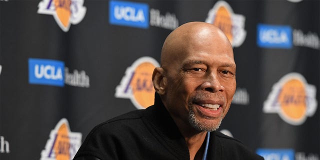 Kareem Abdul-Jabbar talks to the media during a press conference before the Milwaukee Bucks game against the Los Angeles Lakers on February 9, 2023 at Crypto.Com Arena in Los Angeles, California. 