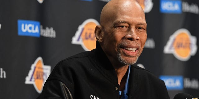 Kareem Abdul-Jabbar talks to the media during a press conference before the Milwaukee Bucks game against the Los Angeles Lakers on February 9, 2023 at Crypto.Com Arena in Los Angeles, California.