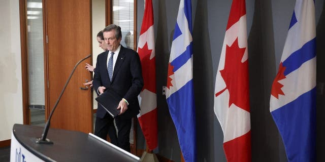 Toronto Mayor John Tory arrives at a press conference where he steps down as Mayor after revealing that he had an affair with an employee who was part of his staff at City Hall in Toronto, Feb. 10, 2023. 